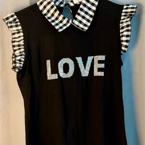 In2you Women’s Black White Plaid Short Sleeve ‘Love’ Blouse Size Medium NWOT